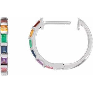 14K White Gold Natural Multi-Gemstone Rainbow Hoop Earrings