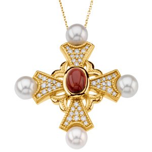 14K Yellow Gold Natural Mozambique Garnet, Cultured White Akoya Pearl & 1/2 CTW Natural Diamond Cross 18" Necklace