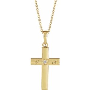 14K Yellow Gold .015 CT Natural Diamond Engravable Cross 16-18" Necklace