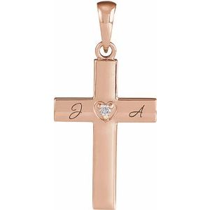 14K Rose Gold .015 CT Natural Diamond Engravable Cross Pendant