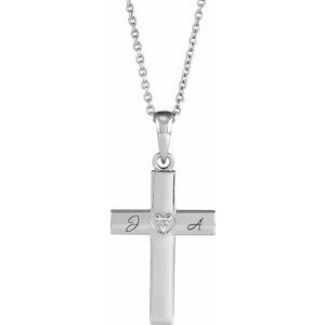 Sterling Silver .015 CT Natural Diamond Engravable Cross 16-18" Necklace