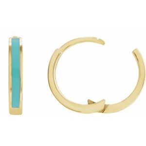 14K Yellow Gold Turquoise Enamel Hinged 12.1 mm Hoop Earrings