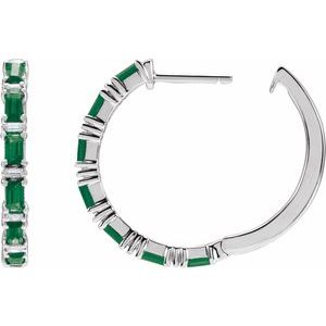 14K White Gold Natural Emerald & 1 1/4 CTW Natural Diamond Hoop Earrings