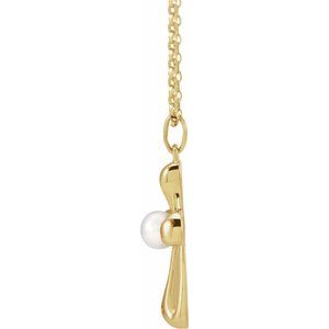 14K Yellow Gold Cultured White Freshwater Pearl Cross 18" Necklace