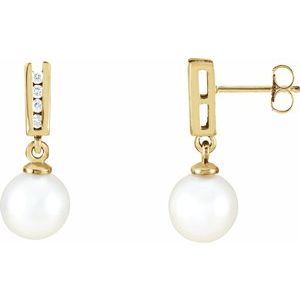 14K Yellow Cultured White Akoya Pearl & 1/10 CTW Natural Diamond Earrings