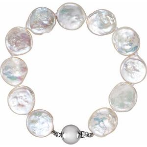 Sterling Silver 13-14 mm Cultured White Freshwater Pearl Coin 7 3/4" Bracelet