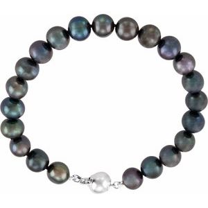 Sterling Silver Cultured Black Freshwater Pearl 7 3/4" Bracelet