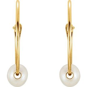 14K Yellow Gold Cultured White Freshwater Pearl Youth Huggie Earrings