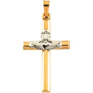 14K Yellow/White Gold 25x16 mm Hollow Claddagh Cross Pendant