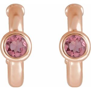 14K Rose Gold Natural Pink Tourmaline Huggie Hoop Earrings
