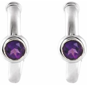 14K White Gold Natural Amethyst Huggie Hoop Earrings