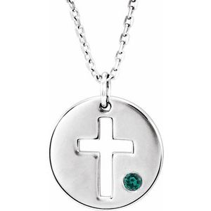 Sterling Silver Imitation Alexandrite Pierced Cross Disc 16-18" Necklace
