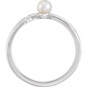 14K White Gold Cultured White Freshwater Pearl Sideways Cross Ring