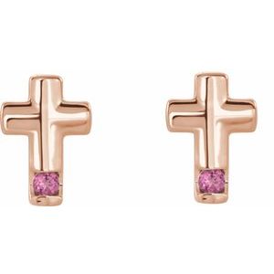 14K Rose Gold Natural Pink Tourmaline Cross Earrings