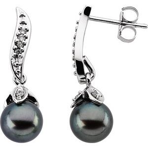 14K White Cultured Black Akoya Pearl & 1/10 CTW Natural Diamond Earrings