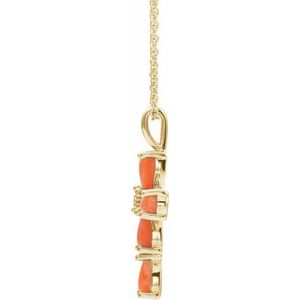 14K Yellow Gold Natural Pink Coral Cabochon Cross 16-18" Necklace