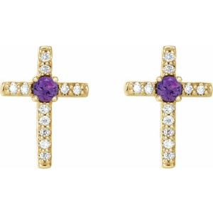 14K Yellow Gold Natural Amethyst & .05 CTW Natural Diamond Cross Earrings