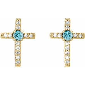 14K Yellow Gold Natural Blue Zircon & .05 CTW Natural Diamond Cross Earrings