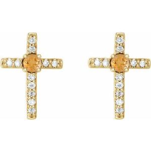 14K Yellow Gold Natural Citrine & .05 CTW Natural Diamond Cross Earrings