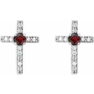 14K White Gold Natural Mozambique Garnet & .05 CTW Natural Diamond Cross Earrings