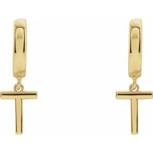 14K Yellow Gold Initial T Hinged Huggie Earring