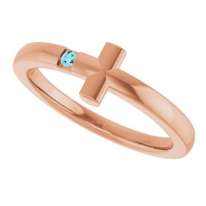 14K Rose Gold Natural Blue Zircon Youth Sideways Cross Ring