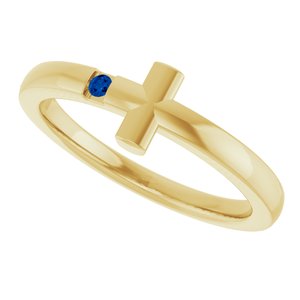 14K Yellow Gold Natural Blue Sapphire Youth Sideways Cross Ring