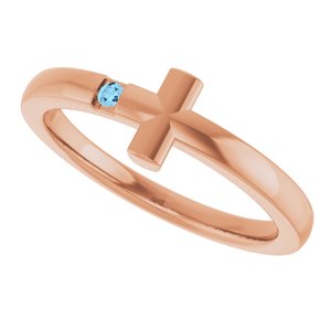 14K Rose Gold Natural Aquamarine Youth Sideways Cross Ring