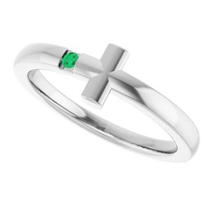 Sterling Silver Youth Imitation Emerald Sideways Cross Ring