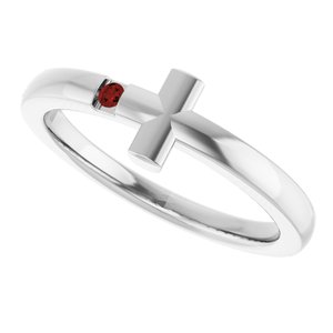 14K White Gold Natural Mozambique Garnet Youth Sideways Cross Ring