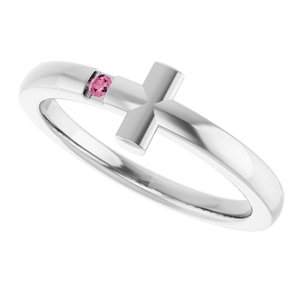 14K White Gold Natural Pink Tourmaline Youth Sideways Cross Ring