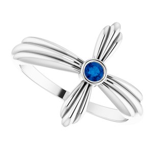 14K White Gold Natural Blue Sapphire Sideways Cross Ring