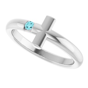 14K White Gold Natural Blue Zircon Sideways Cross Ring