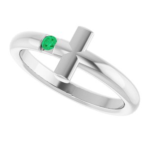 14K White Gold Natural Emerald Sideways Cross Ring