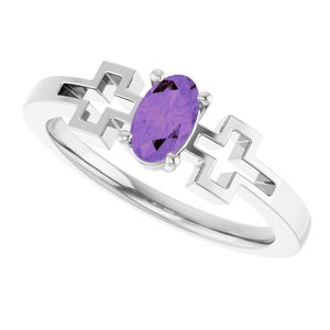 14K White Gold Natural Amethyst Youth Cross Ring