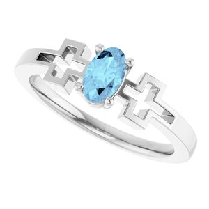 14K White Gold Natural Aquamarine Youth Cross Ring
