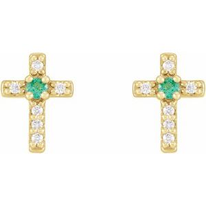 14K Yellow Gold Natural Emerald & .03 CTW Natural Diamond Cross Earrings