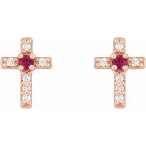 14K Rose Gold Natural Ruby & .03 CTW Natural Diamond Cross Earrings