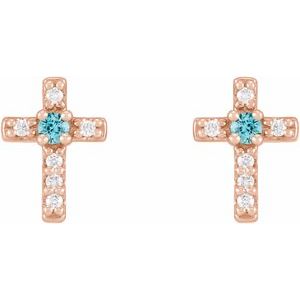 14K Rose Gold Natural Blue Zircon & .03 CTW Natural Diamond Cross Earrings