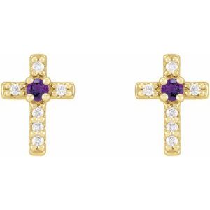 14K Yellow Gold Natural Amethyst & .03 CTW Natural Diamond Cross Earrings