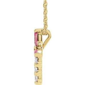 14K Yellow Gold Natural Pink Tourmaline & 1/10 CTW Natural Diamond Cross 16-18" Necklace