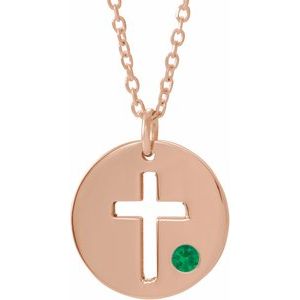 14K Rose Gold Natural Emerald Pierced Cross Disc 16-18" Necklace