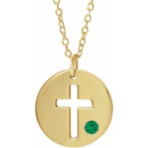 14K Yellow Gold Natural Emerald Pierced Cross Disc 16-18" Necklace