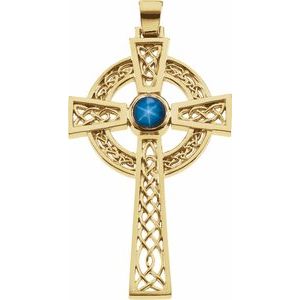 14K Yellow Gold Natural Blue Star Sapphire Celtic-Inspired Cross Pendant