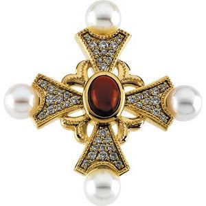 14K Yellow Gold Natural Mozambique Garnet, Cultured White Akoya Pearl & 1/2 CTW Natural Diamond Cross Pendant
