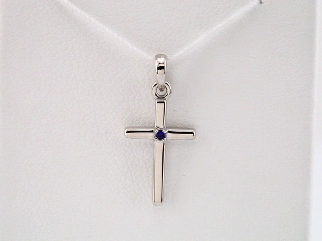 14K White Gold Natural Blue Sapphire Cross Pendant