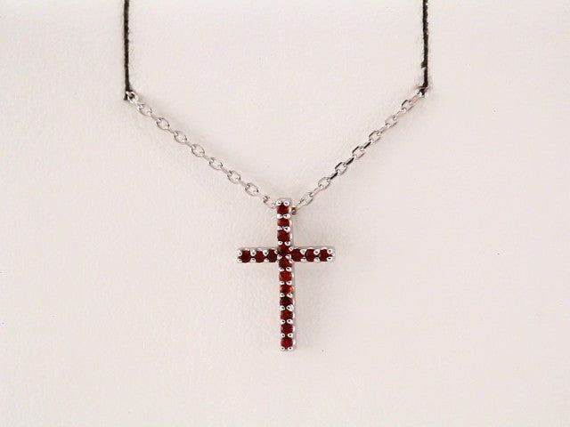 14K White Gold Natural Mozambique Garnet Petite Cross 16" Necklace