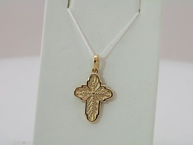 14K Yellow Gold Ornate Leaf Cross Pendant