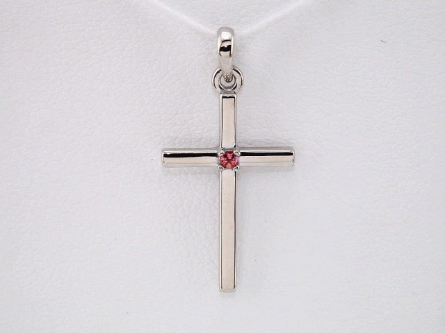 14K White Gold Natural Pink Tourmaline Cross Pendant