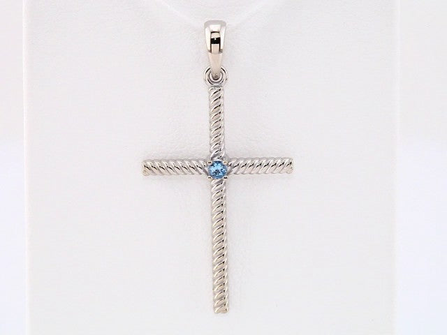 14K White Gold Natural Swiss Blue Topaz Cross Pendant
